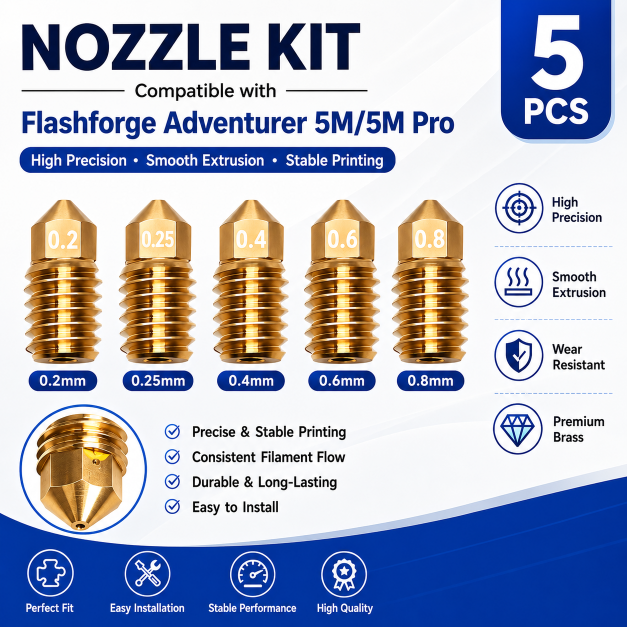 Nozzle 0.4Mm Hardened - For Flashforge Adventurer 5M (AD5M) Hot